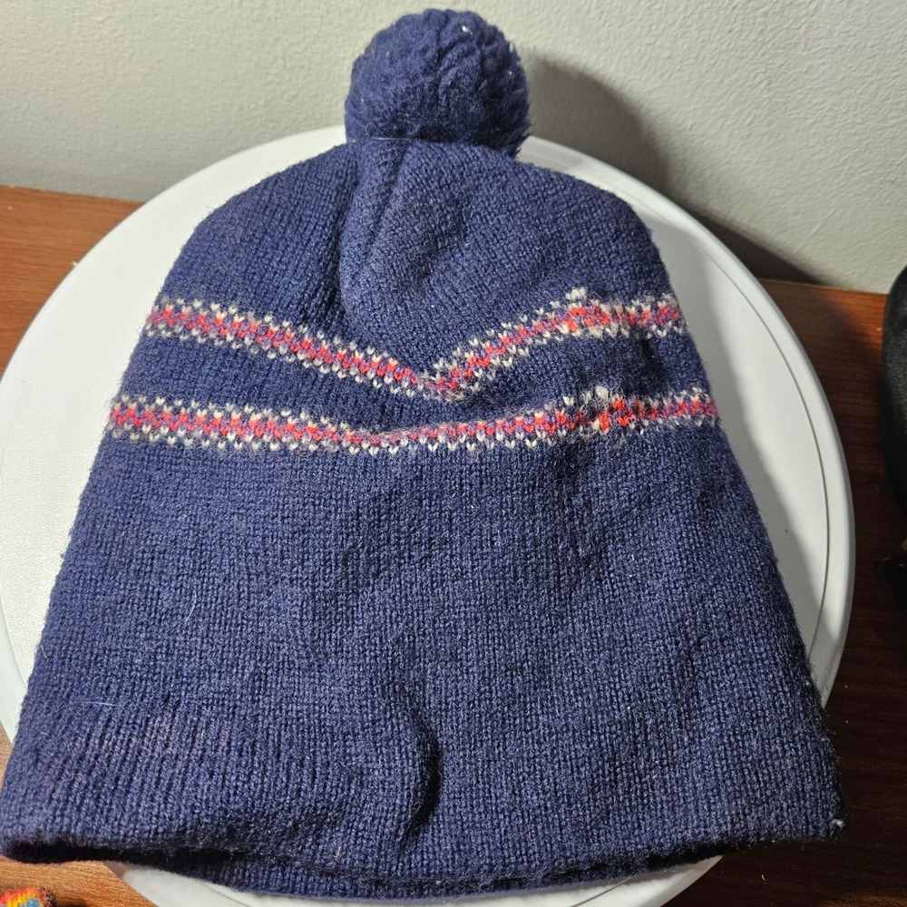 Wigwam Beanie Hat Unisex OS Navy Blue Vintage 100% Virgin Wool Pom Striped Knit